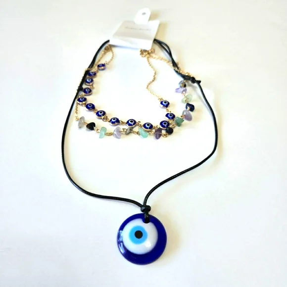3Pcs Boho Blue Lucky Evil Eye Pendant Choker Necklace for Women Irregular Bead - Picture 2 of 7